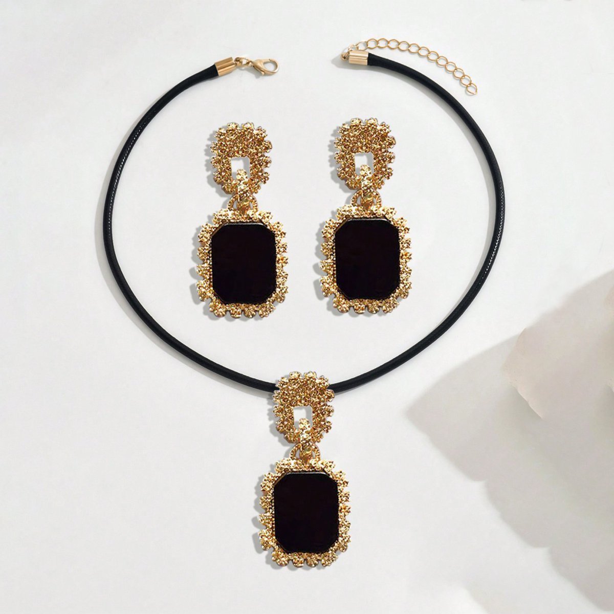 Elegant 14K Gold Plated Black Onyx Statement Jewelry Set - Necklace And Earrings