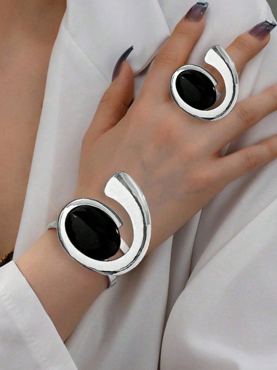 Black Onyx And Gold Statement Jewelry Set - Bracelet And Ring